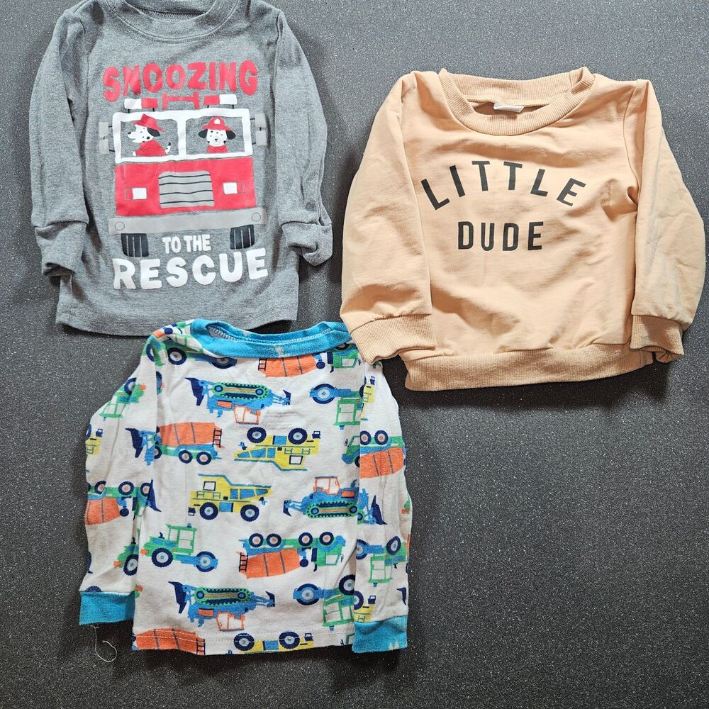 Toddler Shirt Bundle Lot 3 Tops 12-18M Firetruck Little Dude Vehicles